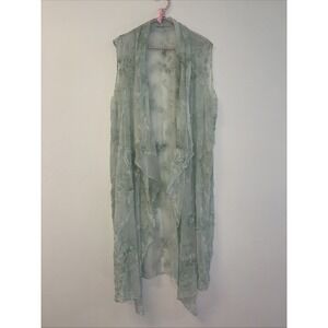 Open Front Kimono Cardigan Green Sheer  3/4 Sleeves Ruffles Floral Flower Tiedye